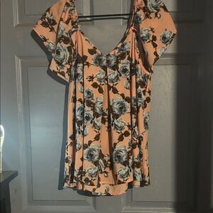 Blue Rain Peach and Blue Floral Top